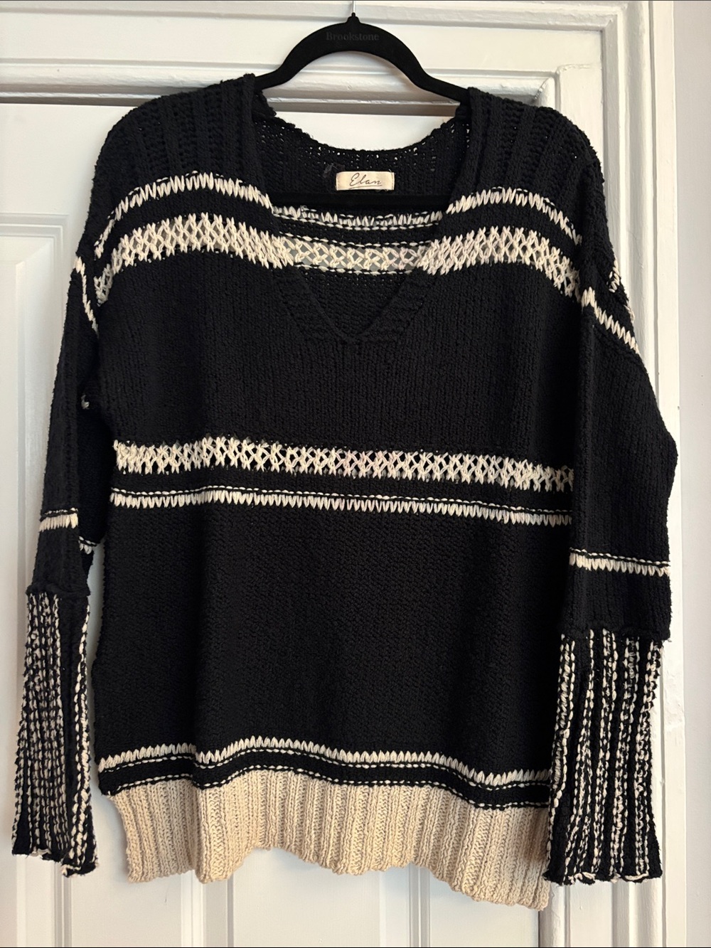 Elan Black and Cream Open-Knit V-Neck Sweater